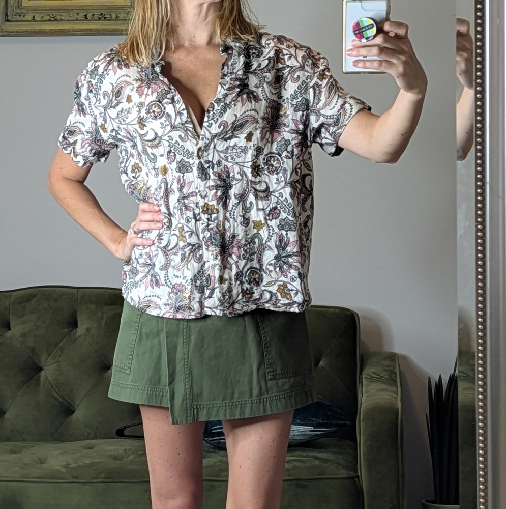 100% Linen Rachel Zoe Floral Retro Paisley Blouse Shirt Top Boho Bohemian